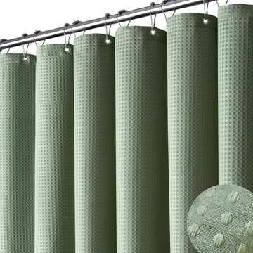 Dynamene Sage Green Shower Curtain - Waffle Textured Heavy Duty Thick Fabric Shower Curtains for Bathroom, 256GSM Luxury Weighted Polyester Cloth Bath Curtain Set with 12 Plastic Hooks,72Wx72H,Green